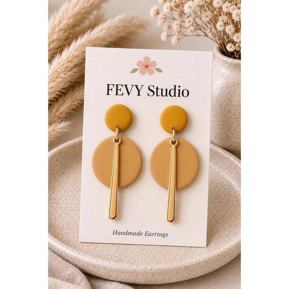 Mustard Polymer Clay Earrings, Modern Geometric Dangle, Lightweight Gift for Her